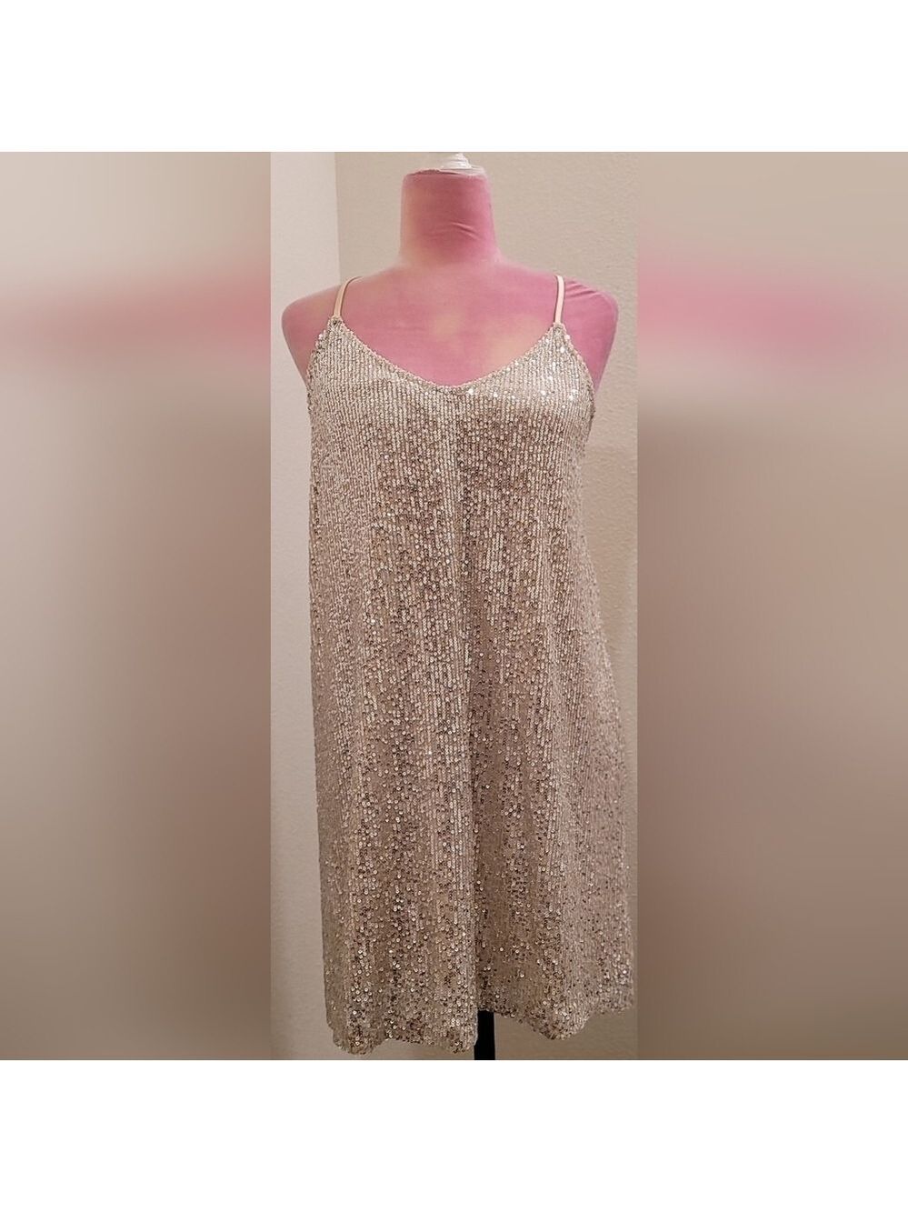 Millibon Silver Sequin Mini Dress Spaghetti Strap V-Neck Sz Large - Picture 3 of 5
